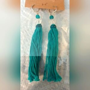 NWT Handcrafted Teal and Glass Heart Tassel Earrings.